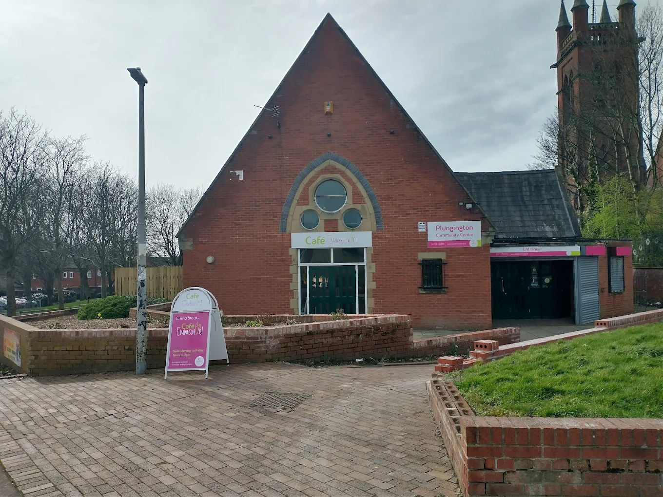 Plungington Community Centre - Front entrance with distinctive church tower